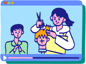 カットをする先輩学生とそれを見る後輩学生のイラスト