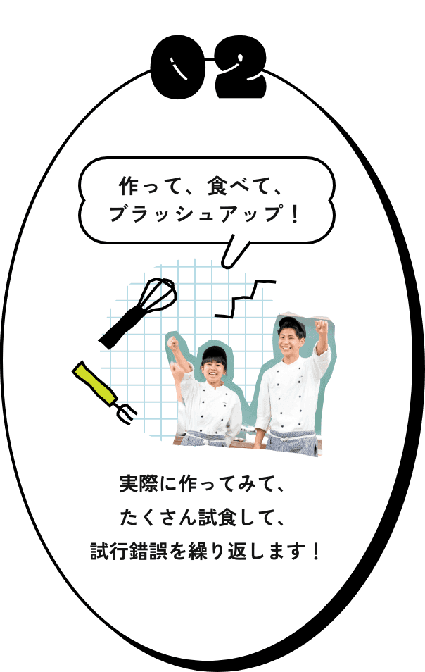 02 作って、食べてブラッシュアップ！実際に作ってみて、たくさん試食して、試行錯誤を繰り返します！